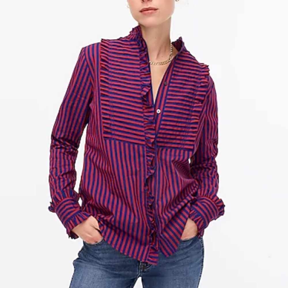NWT J. crew ruffle trim tuxedo striped shirt XS - Picture 3 of 5